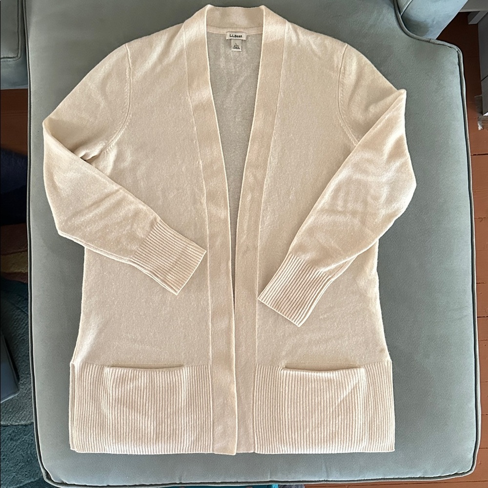 L.L.Bean Classic Cashmere Open Front Cardigan with Pockets Cream Large Petite